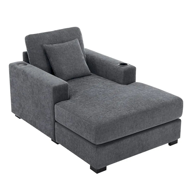 Divano moderno extra-large con chaise longue, cuscini, stazione di ricarica e portabicchieri