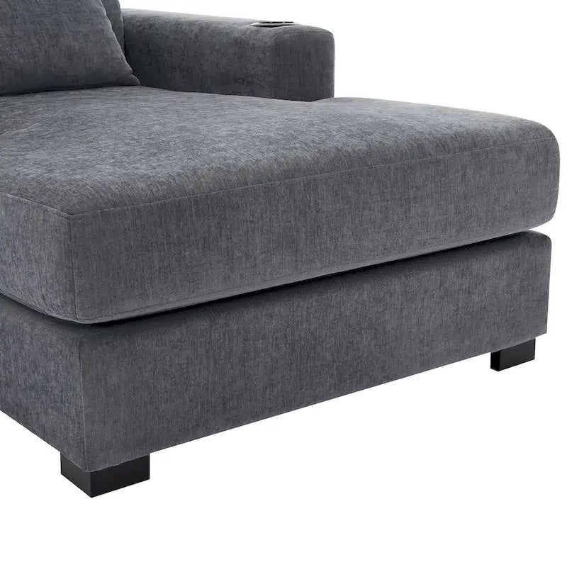 Divano moderno extra-large con chaise longue, cuscini, stazione di ricarica e portabicchieri