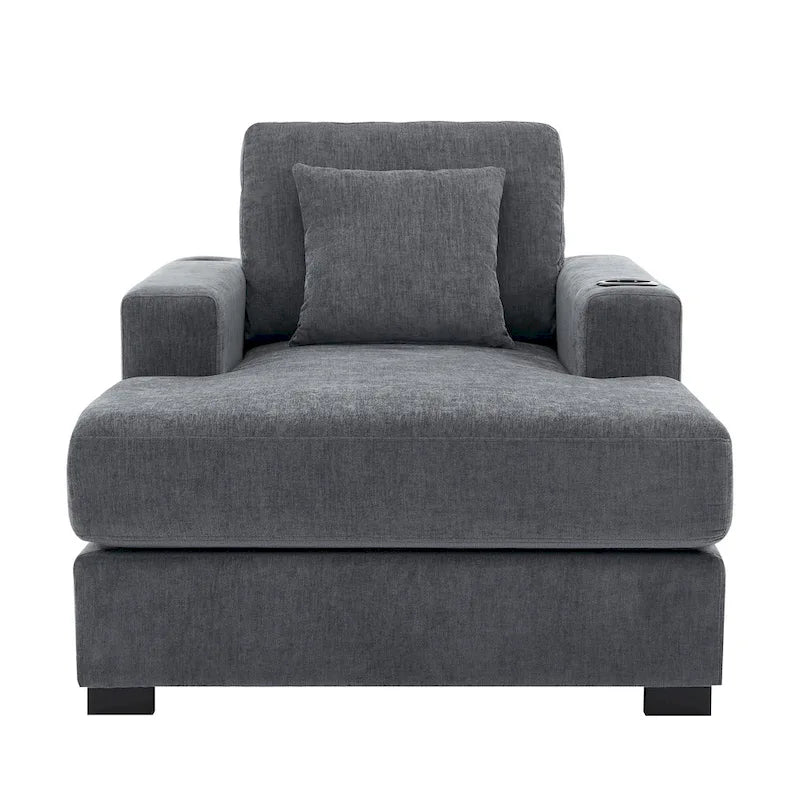 Divano moderno extra-large con chaise longue, cuscini, stazione di ricarica e portabicchieri