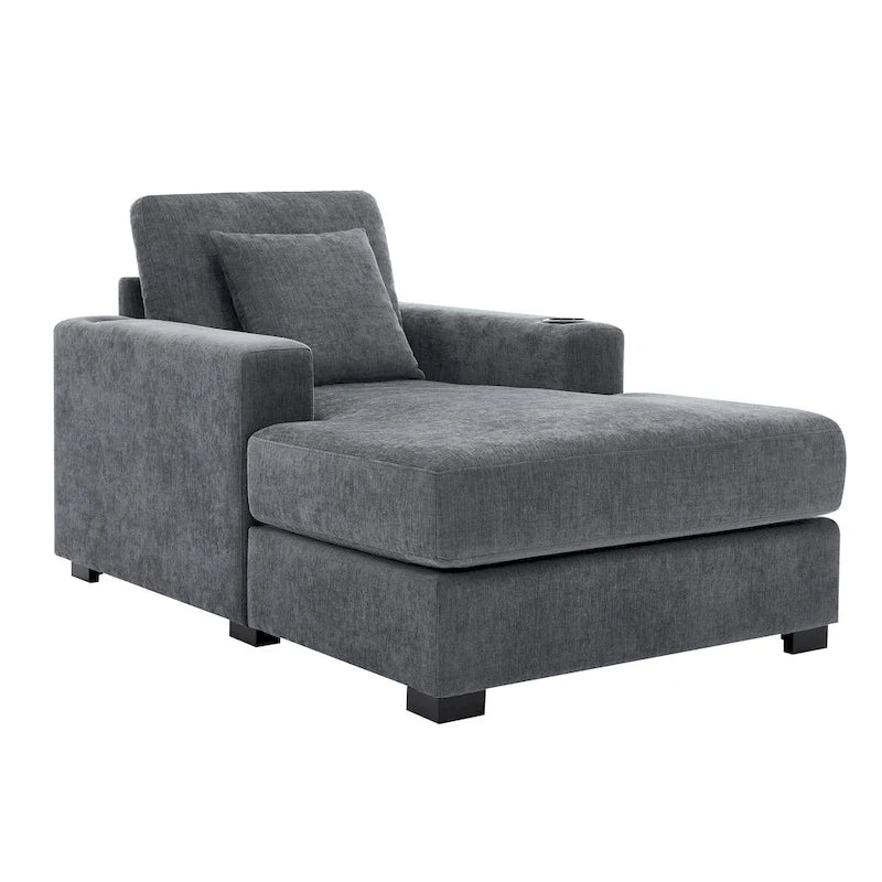 Divano moderno extra-large con chaise longue, cuscini, stazione di ricarica e portabicchieri