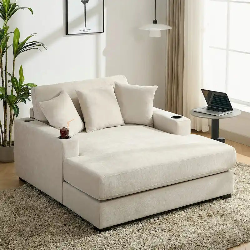 Divano moderno extra-large con chaise longue, cuscini, stazione di ricarica e portabicchieri
