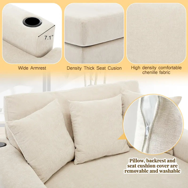 Divano moderno extra-large con chaise longue, cuscini, stazione di ricarica e portabicchieri