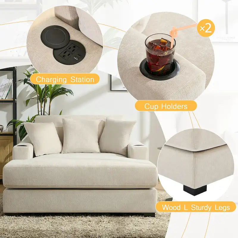 Divano moderno extra-large con chaise longue, cuscini, stazione di ricarica e portabicchieri