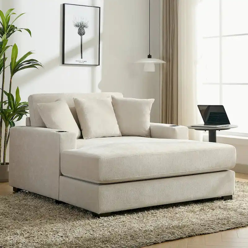 Divano moderno extra-large con chaise longue, cuscini, stazione di ricarica e portabicchieri