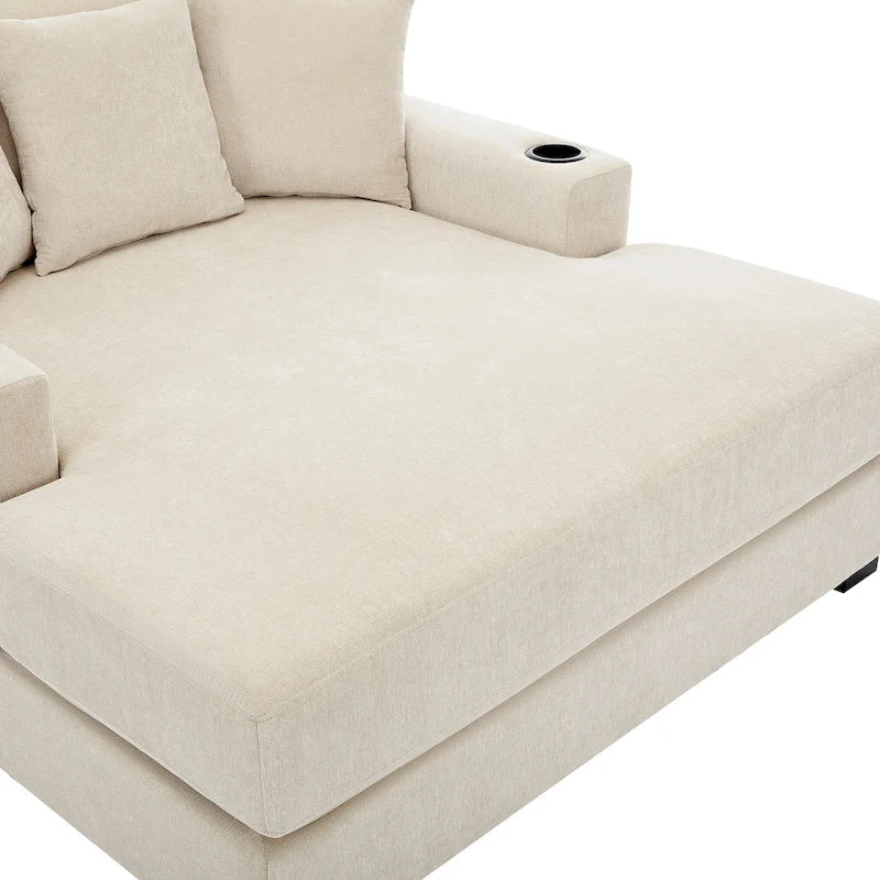 Divano moderno extra-large con chaise longue, cuscini, stazione di ricarica e portabicchieri