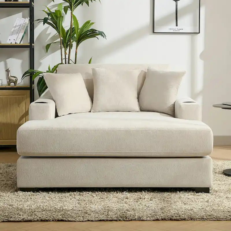 Divano moderno extra-large con chaise longue, cuscini, stazione di ricarica e portabicchieri