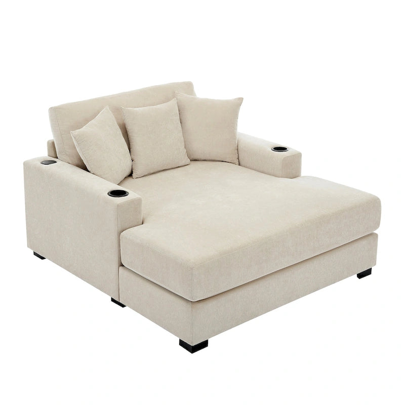 Divano moderno extra-large con chaise longue, cuscini, stazione di ricarica e portabicchieri
