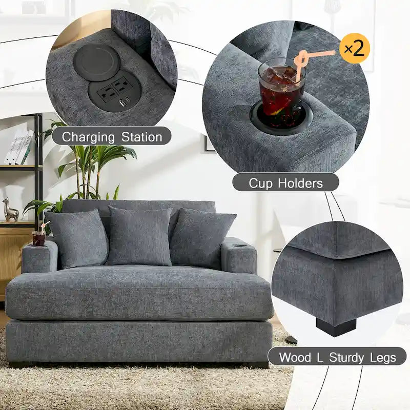 Divano moderno extra-large con chaise longue, cuscini, stazione di ricarica e portabicchieri
