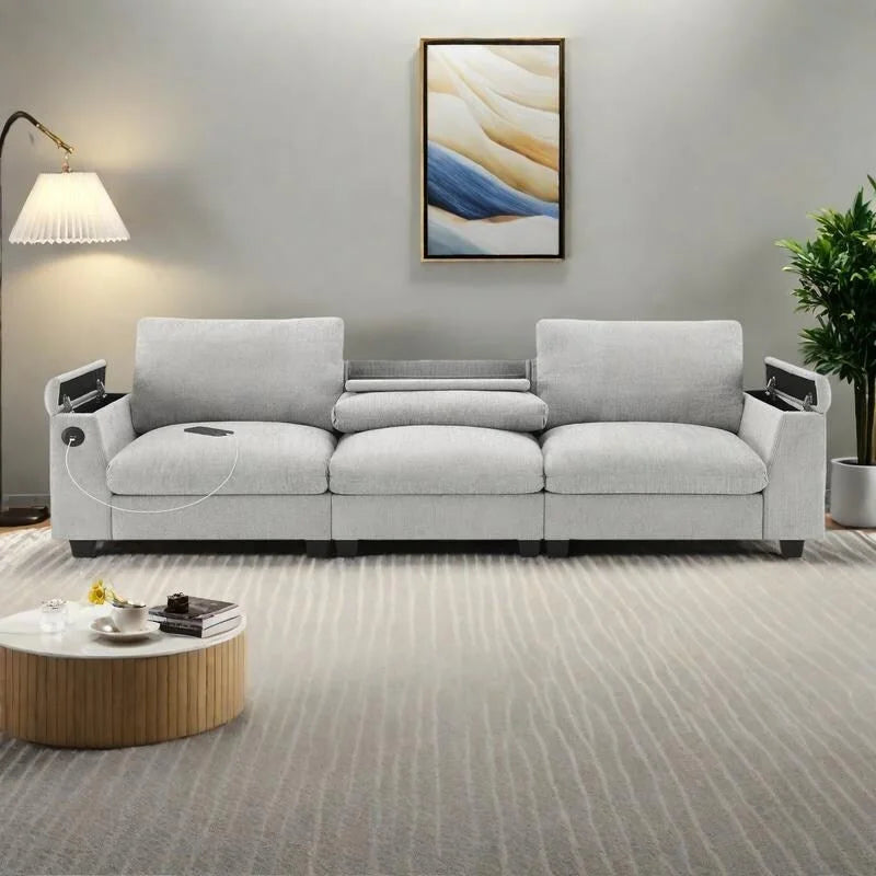 Divano componibile Smart in ciniglia da 96" con altoparlante Bluetooth, tavolino a scomparsa e caricatore USB