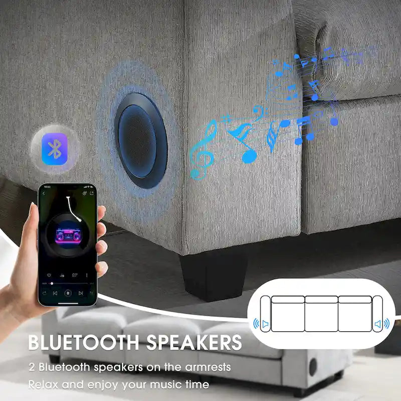 Divano componibile Smart in ciniglia da 96" con altoparlante Bluetooth, tavolino a scomparsa e caricatore USB