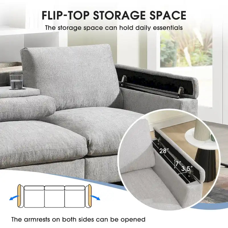 Divano componibile Smart in ciniglia da 96" con altoparlante Bluetooth, tavolino a scomparsa e caricatore USB
