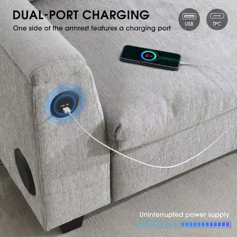 Divano componibile Smart in ciniglia da 96" con altoparlante Bluetooth, tavolino a scomparsa e caricatore USB