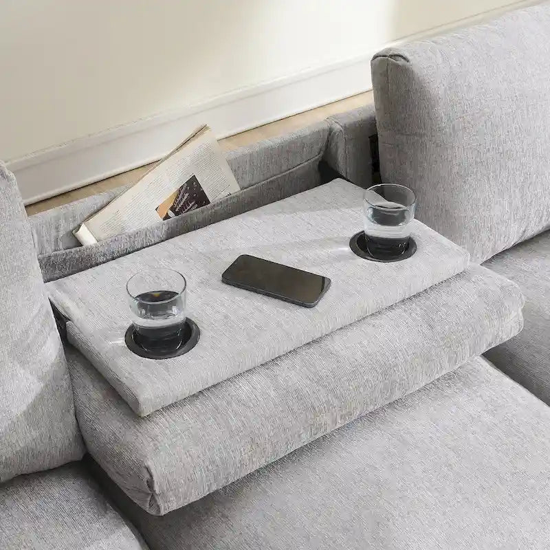 Divano componibile Smart in ciniglia da 96" con altoparlante Bluetooth, tavolino a scomparsa e caricatore USB