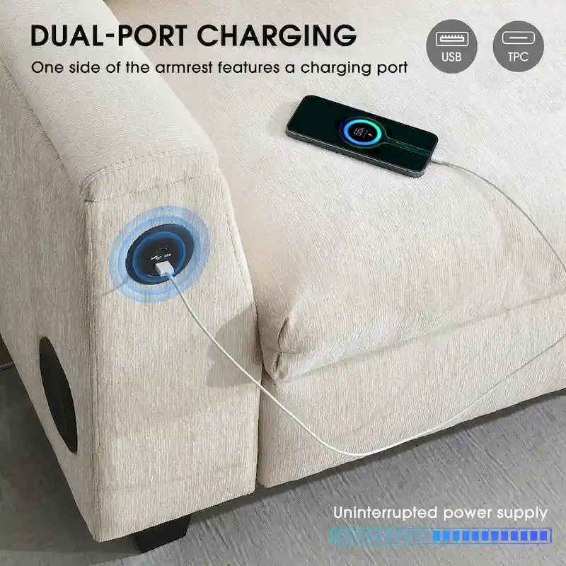 Divano componibile Smart in ciniglia da 96" con altoparlante Bluetooth, tavolino a scomparsa e caricatore USB