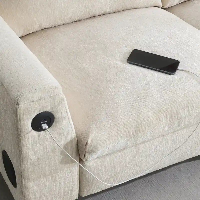 Divano componibile Smart in ciniglia da 96" con altoparlante Bluetooth, tavolino a scomparsa e caricatore USB
