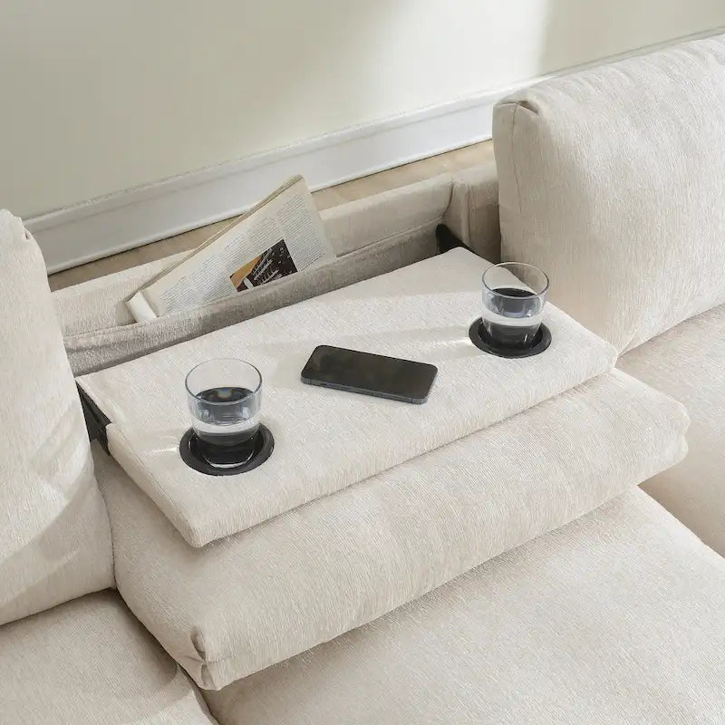 Divano componibile Smart in ciniglia da 96" con altoparlante Bluetooth, tavolino a scomparsa e caricatore USB