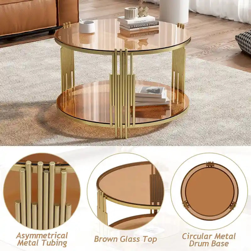 Tavolino da caffè in vetro temperato da 31,5" con design asimmetrico in metallo e ripiano inferiore