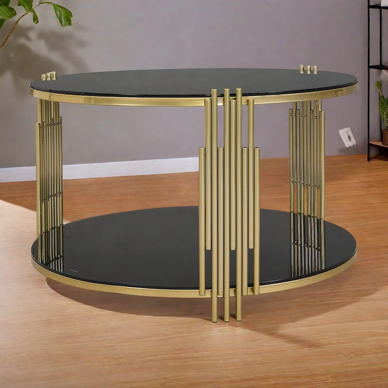 Tavolino da caffè in vetro temperato da 31,5" con design asimmetrico in metallo e ripiano inferiore