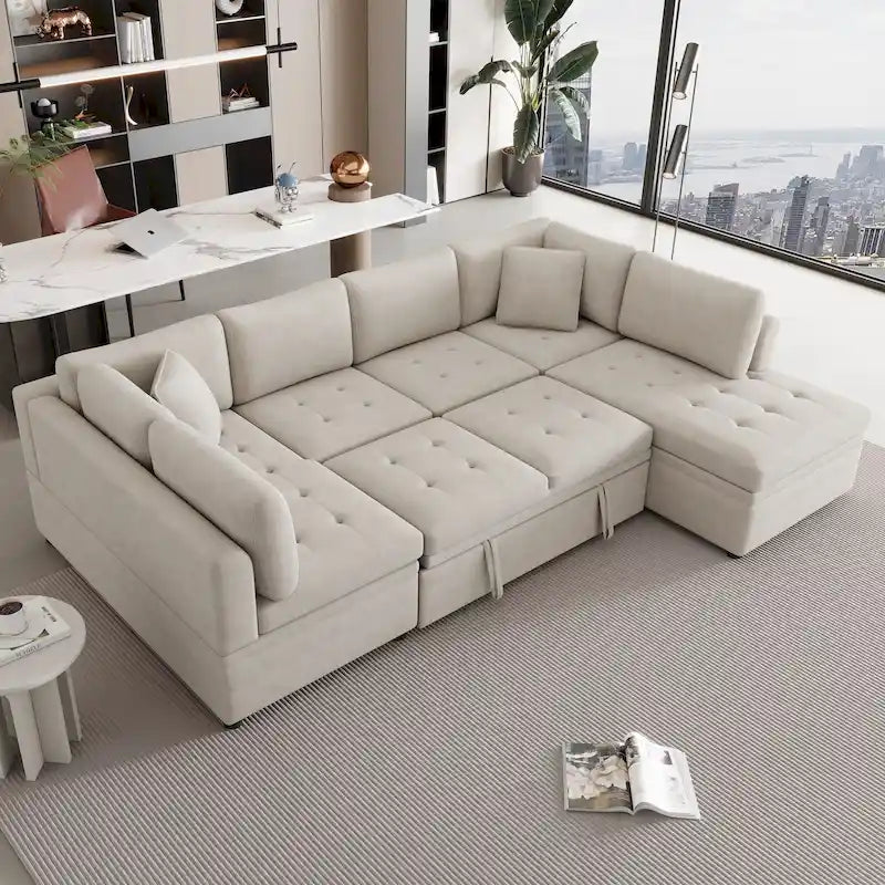 Divano componibile a U da 297 cm, 6 posti, oversize, beige, con letto estraibile