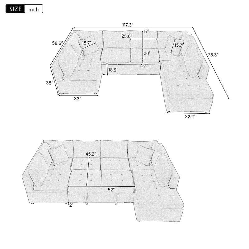 Divano componibile a U da 297 cm, 6 posti, oversize, beige, con letto estraibile