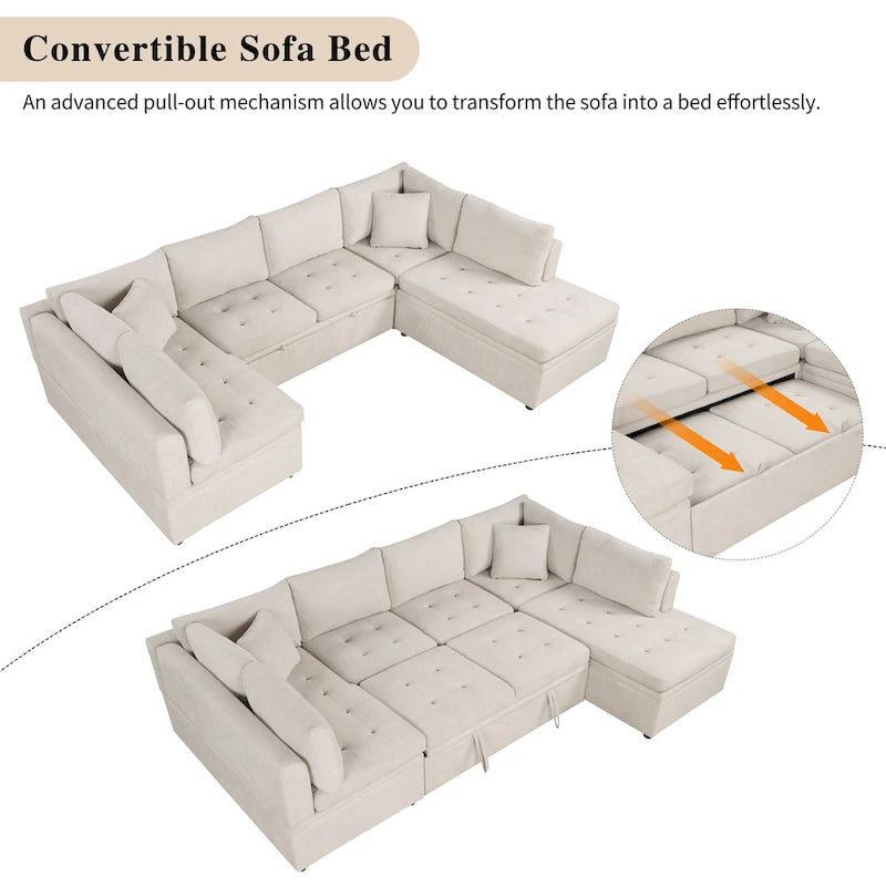 Divano componibile a U da 297 cm, 6 posti, oversize, beige, con letto estraibile
