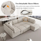 Divano componibile a U da 297 cm, 6 posti, oversize, beige, con letto estraibile