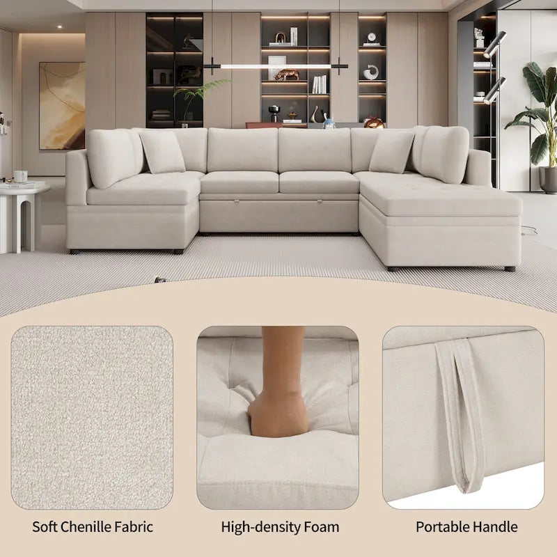 Divano componibile a U da 297 cm, 6 posti, oversize, beige, con letto estraibile