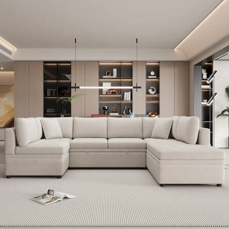 Divano componibile a U da 297 cm, 6 posti, oversize, beige, con letto estraibile