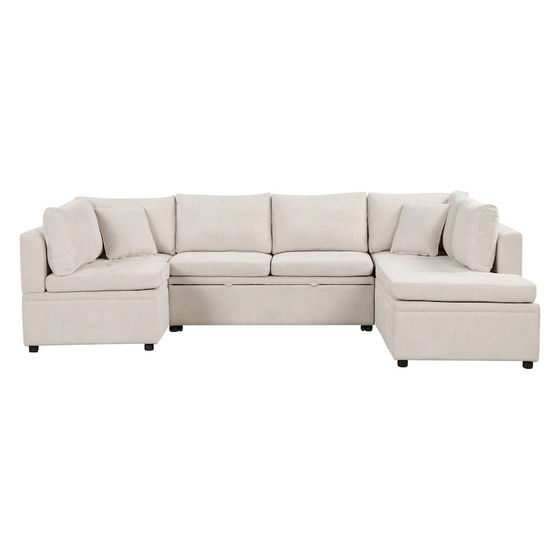 Divano componibile a U da 297 cm, 6 posti, oversize, beige, con letto estraibile