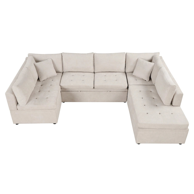 Divano componibile a U da 297 cm, 6 posti, oversize, beige, con letto estraibile