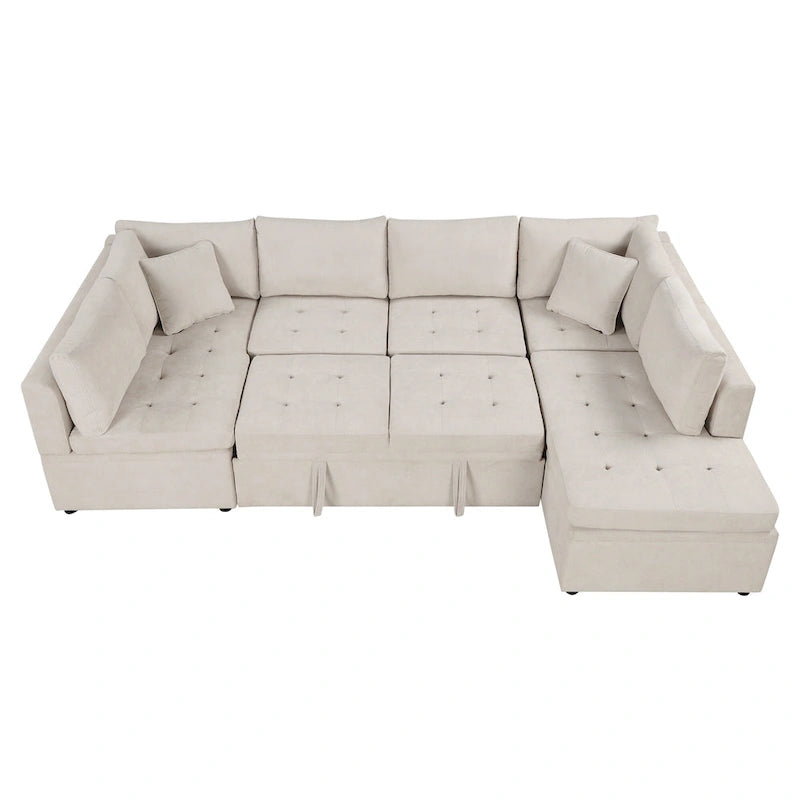 Divano componibile a U da 297 cm, 6 posti, oversize, beige, con letto estraibile