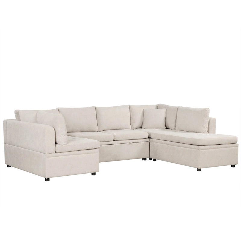 Divano componibile a U da 297 cm, 6 posti, oversize, beige, con letto estraibile