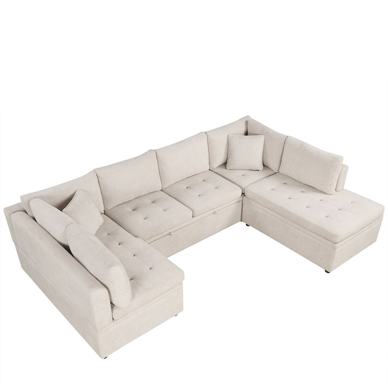 Divano componibile a U da 297 cm, 6 posti, oversize, beige, con letto estraibile