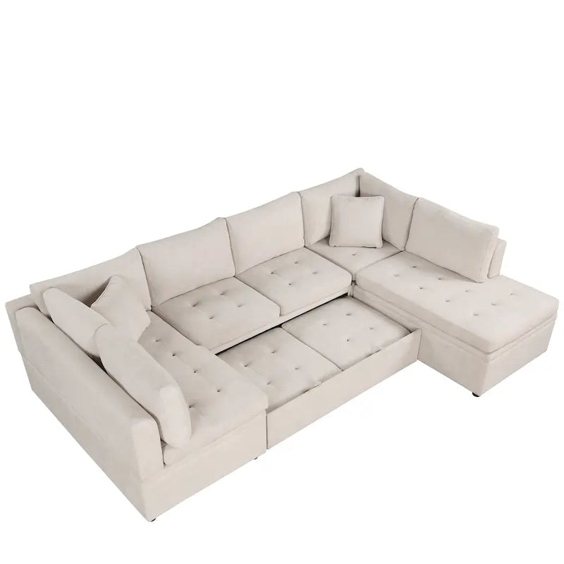 Divano componibile a U da 297 cm, 6 posti, oversize, beige, con letto estraibile