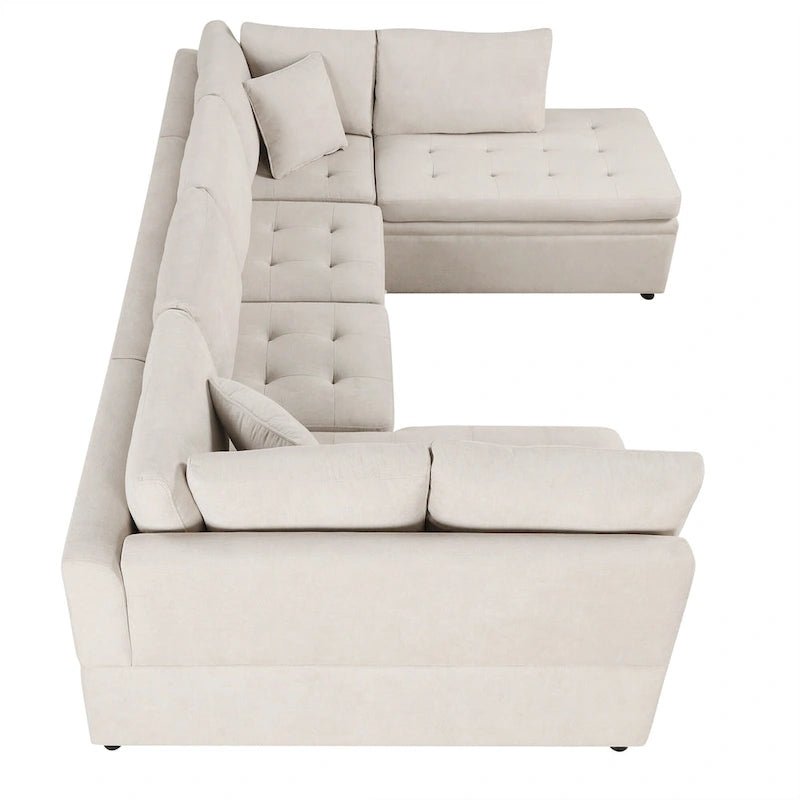 Divano componibile a U da 297 cm, 6 posti, oversize, beige, con letto estraibile