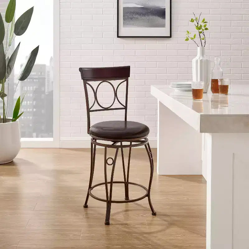 Sgabello da bar con schienale rotondo, altezza bancone, imbottito, girevole, 61 cm, in metallo/nero - Linon: Design elegante, seduta confortevole