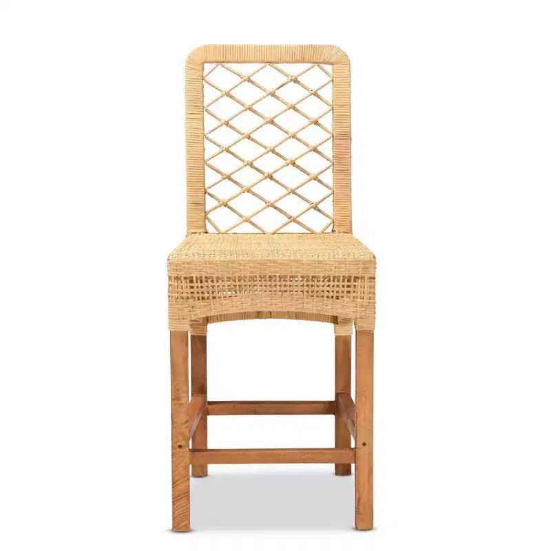 Sgabello da bar Bali & Pari Moscow in rattan e legno con altezza bancone, naturale/noce: stile bohémien, struttura in mango, nessun montaggio richiesto