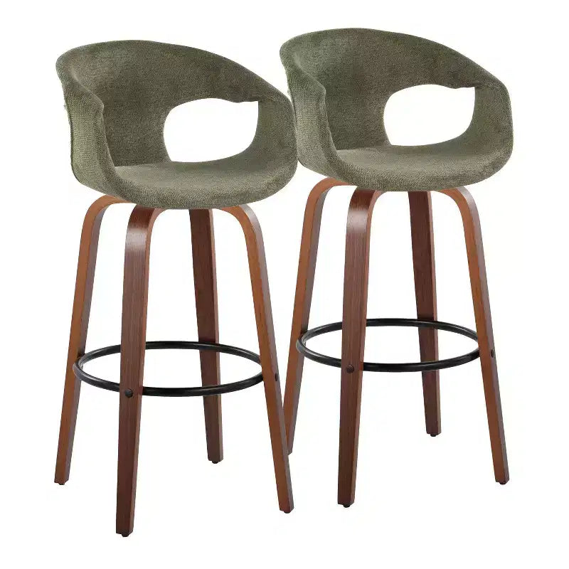 LumiSource Set of 2 Curva Barstools Walnut Wood/Green Fabric