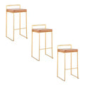LumiSource Set of 3 Fuji Stacker Barstools Gold Steel/Camel PU