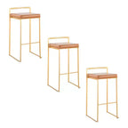 LumiSource Set of 3 Fuji Stacker Barstools Gold Steel/Camel PU