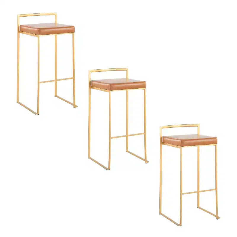 LumiSource Set of 3 Fuji Stacker Barstools Gold Steel/Camel PU