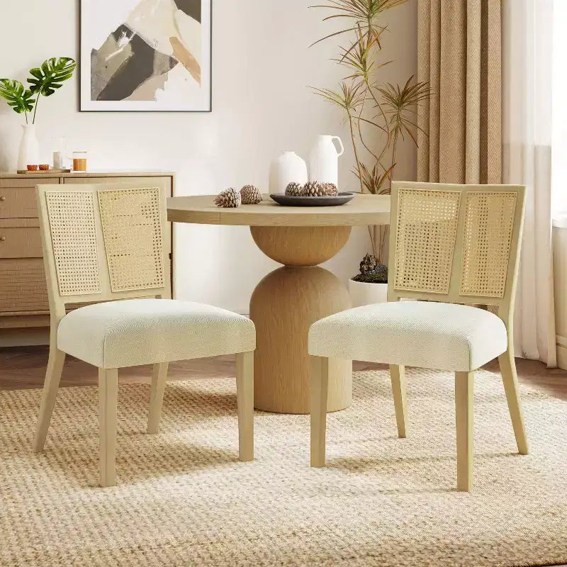 Christopher Knight Home Set di 2 Sedie da Pranzo Imbottite Genesis in Legno di Gomma con Tessitura in Rattan Beige/Frassino Chiaro