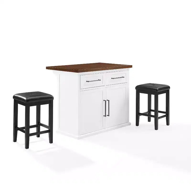 Crosley 42" Bartlett Wood Top Kitchen Island with Upholstered Square Stools White/Black: Shiplap Design, Adjustable Shelves