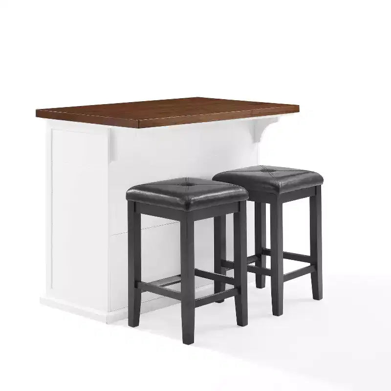 Isola da Cucina Crosley 42" Bartlett con Piano in Legno e Sgabelli Quadrati Imbottiti, Bianco/Nero: Design Shiplap, Ripiani Regolabili