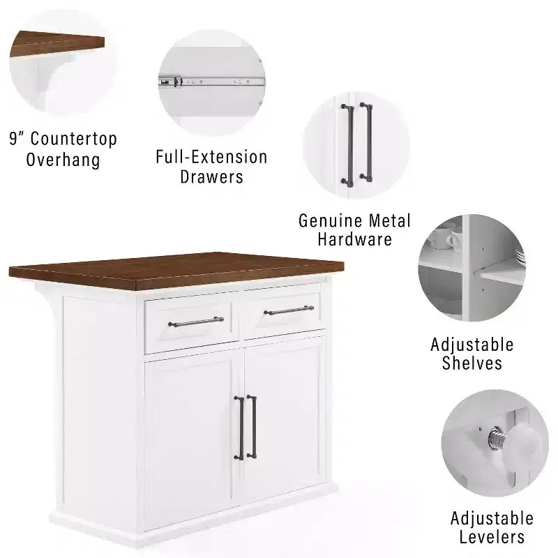 Isola da Cucina Crosley 42" Bartlett con Piano in Legno e Sgabelli Quadrati Imbottiti, Bianco/Nero: Design Shiplap, Ripiani Regolabili