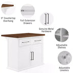 Isola da Cucina Crosley 42" Bartlett con Piano in Legno e Sgabelli Quadrati Imbottiti, Bianco/Nero: Design Shiplap, Ripiani Regolabili