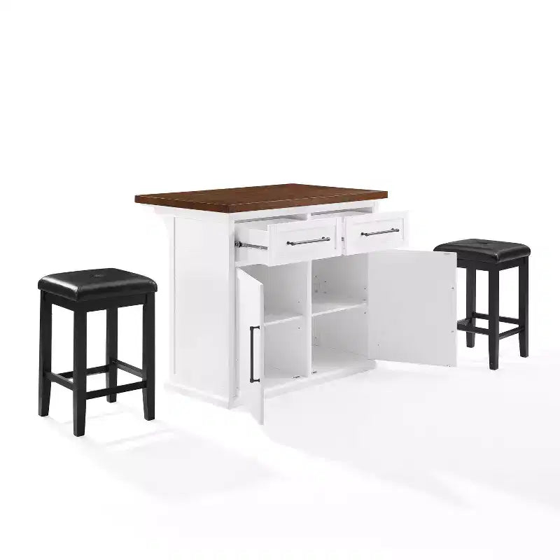 Isola da Cucina Crosley 42" Bartlett con Piano in Legno e Sgabelli Quadrati Imbottiti, Bianco/Nero: Design Shiplap, Ripiani Regolabili