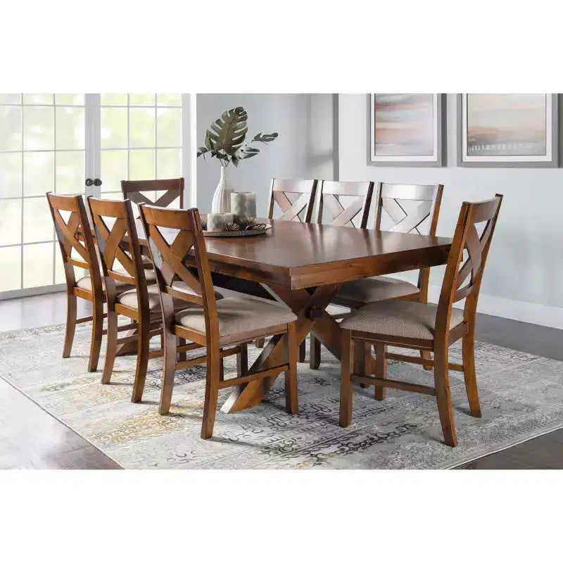 Set da pranzo 9 pezzi con sedie imbottite Jackson X Back e tavolo allungabile, color nocciola scuro - Powell