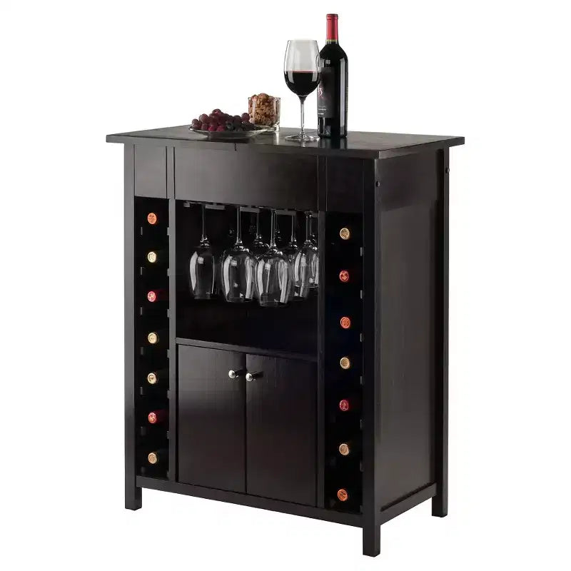 Mobile bar Yukon in legno/espresso - Winsome: porta liquori in legno massello, rastrelliera per 14 bottiglie, porta bicchieri