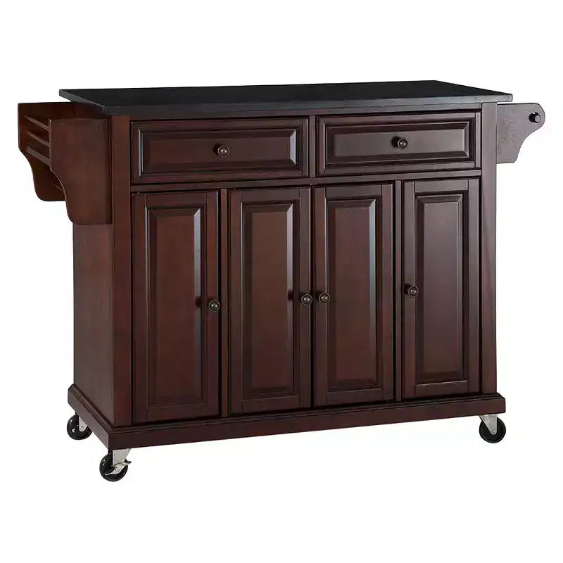 Carrello/isola da cucina Crosley in mogano vintage con ripiano in granito nero massiccio: ripiano mobile, portatovaglioli, 4 ante
